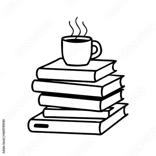 A pile of old books with a cup of coffee isolated on a white background, symbolizing knowledge and study