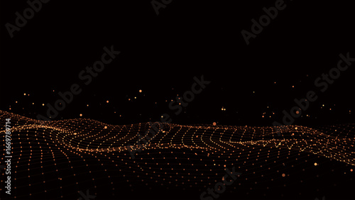 Digital technology wave with dust. Dark cyberspace with orange motion dots and lines. Futuristic digital vector background. Big data analytics.