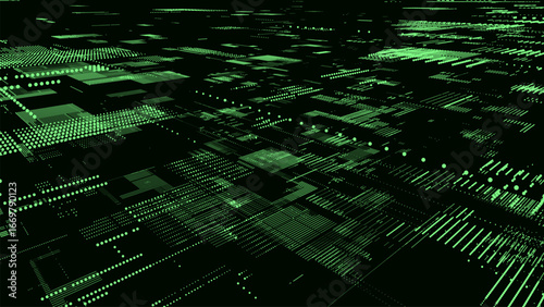 Vector digital database cyberspace. Decoding algorithms hacked software. Cyber security with moving green articles. Big data visualization.