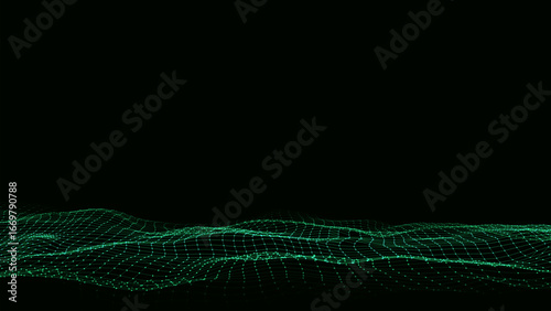 Vector digital technology wave. Dark cyberspace with green motion dots and lines. Futuristic digital background. Big data analytics.