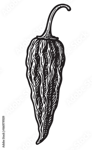Chili Pepper in Bold Contrast linocut woodcut engraving black and white vegetable illustration