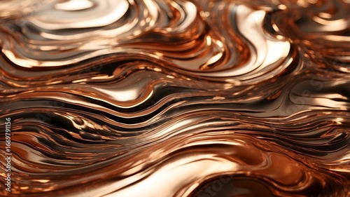 Abstract bronze metallic liquid texture, fluid copper waves with shiny reflections, luxury molten metal pattern background, artistic flowing design
