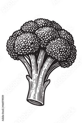 Intricate Broccoli Floret Etching linocut woodcut engraving black and white vegetable illustration