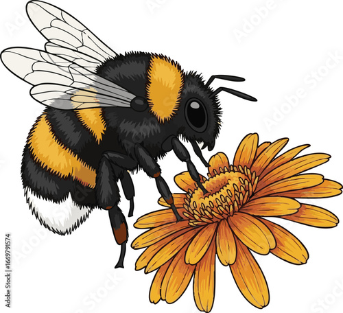 create need Mustard Yellow Bumblebee Hovering flower illustration bumblebee vector art on white background.