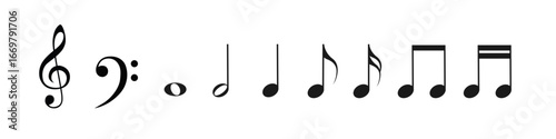 Set of vector musical notes, treble and bass clef symbols isolated on white background
