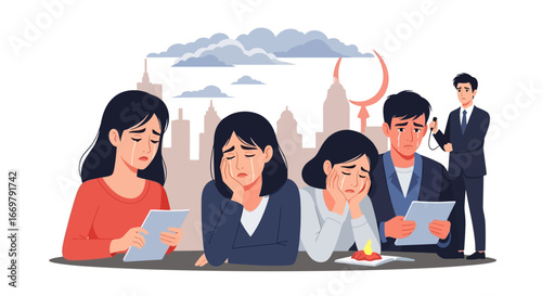 Group of people grieving, experiencing sadness, and feeling emotional distress at a memorial