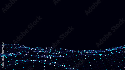 Digital technology wave. Dark cyberspace with colors motion dots and lines. Futuristic digital vector background. Big data analytics.