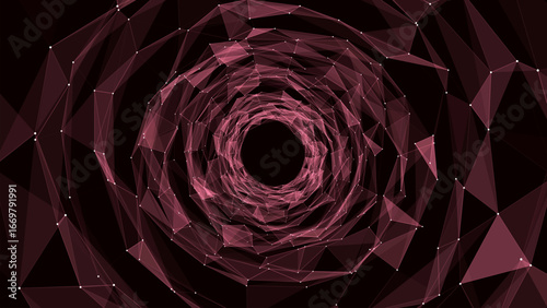 Abstract sci-fi red tunnel. Wormhole absorbs cyberspace. 3D portal. Vector futuristic fantasy high-tech funnel.