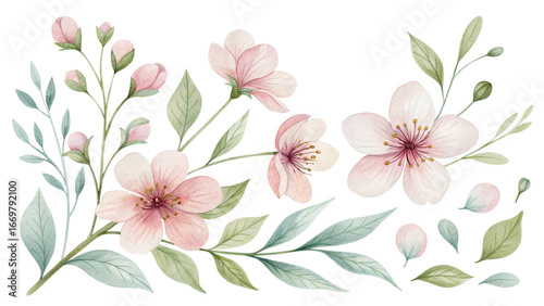 Watercolor floral illustration set. Pastel pink, peach, lavender, cream blossoms and soft green foliage. Individual botanical elements collection for wedding invitations, stationery, textiles, prints,