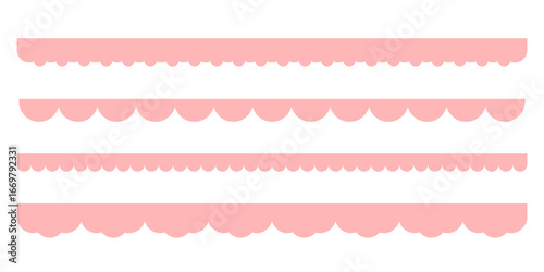 Seamless pink Y2K scallop border pattern set. Cute kawaii lace ribbons, girly frill silhouettes, pastel retro vintage ornament texture isolated on white vector illustration