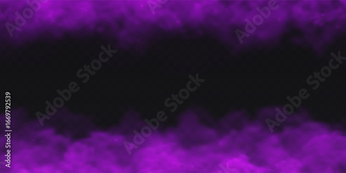 Purple Fog effect on the upper and lower border on transparent dark background. Vector smoke cloud.