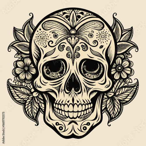 Evil lion skull with flower ornament design is a beautiful tribal symbol of death