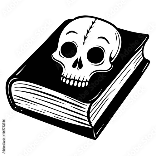 Vector anatomy illustration of a human skull with bones on a black background, a symbol of death and danger