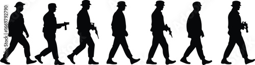 Soldier silhouette evolution, military history illustration, armed forces progression, weapon development, combat gear timeline, warfare icon set, army figure graphic