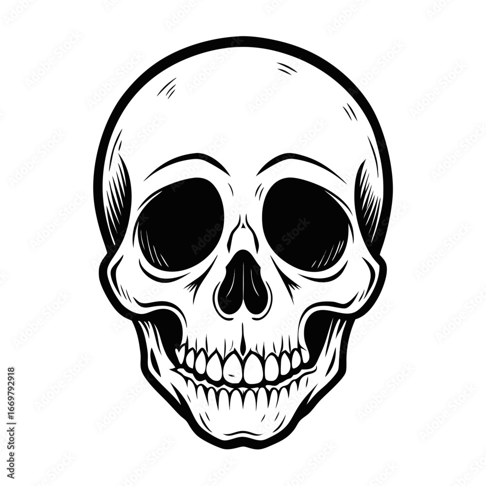 Fototapeta premium A human skull with crossbones on a black background is a symbol of death and danger, often used as a horror tattoo or pirate icon
