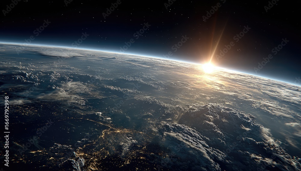 Fototapeta premium Earth rising, sunrise from space. Vast expanse of planet, clouds, and sunrise