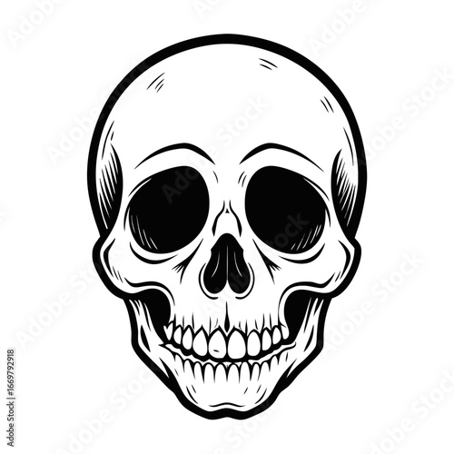 A human skull with crossbones on a black background is a symbol of death and danger, often used as a horror tattoo or pirate icon