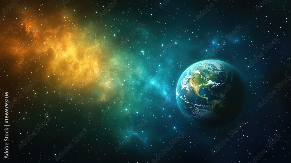 Fototapeta premium Earth in Vast Cosmic Space with Nebula Background 