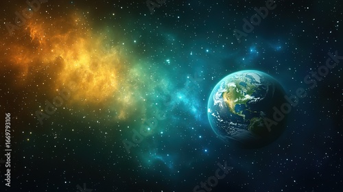 Earth in Vast Cosmic Space with Nebula Background 