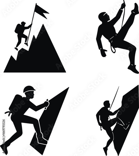 Mountain climbing silhouette, rock climbing action, adventure sport, rope ascent, summit achievement, extreme outdoor, cliff scaling, mountaineer success, challenge