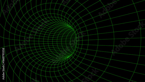 Abstract wireframe green tunnel. Vector wormhole. 3D portal. Futuristic fantasy funnel.