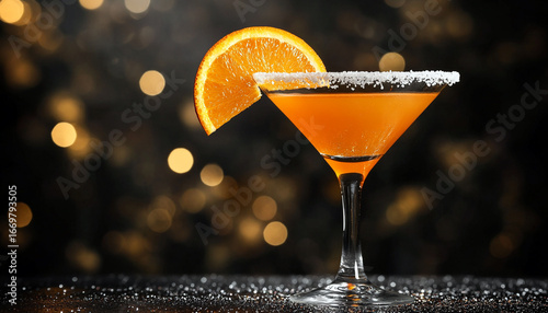 Orange cocktail in martini glass with suggar