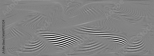 Psychedelic wave optical illusion. Abstract vector distorted background with black and white lines. Op art pattern textures.