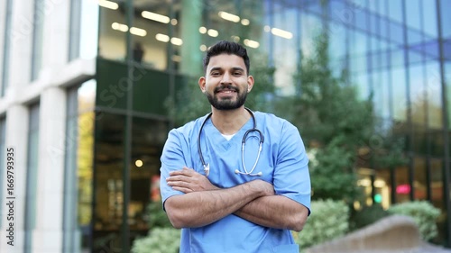 Portrait of a smiling doctor in a blue coat looking at the camera, standing outside near the hospital building. Happy handsome male medical worker physician posing on the street with crossed arms