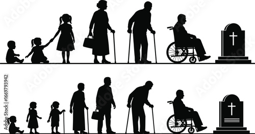 Life cycle silhouette, human growth stages, childhood to old age, family generation vector, aging process design, birth to death illustration