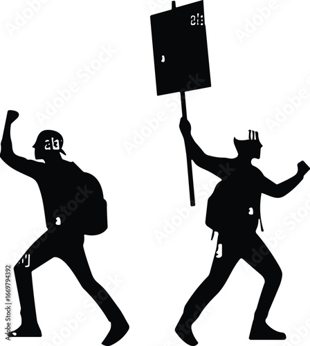 Protest silhouette, activist figures, raised fists, demonstration, social movement, black and white, sign holding, helmet, backpack, defiance, solidarity, motion, freedom, resistance, civil rights