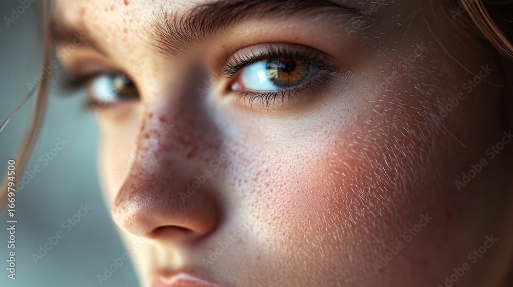 Obraz premium Close up of woman's face with freckles. Group of girls are eating peaches. Close up of a woman with a blond hair and a fuzz. A woman's freckled face is lifestyle shown in close-up.