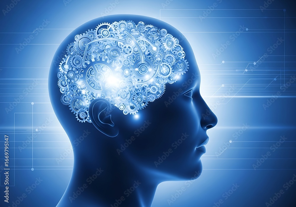 Obraz premium A profile view of a detailed human head, showcasing intricate gears within the brain, set against a backdrop of abstract blue lines and lights, conveying a concept of complex thought processes and...