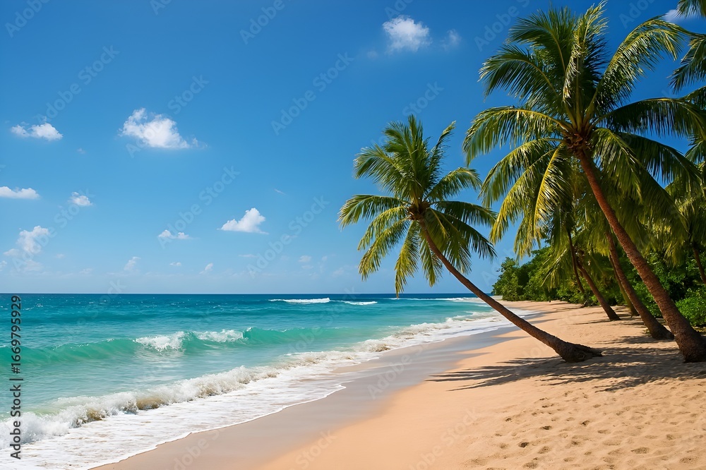 Obraz premium Hot Beach Atmosphere in the Afternoon with Coconut Trees on the Side