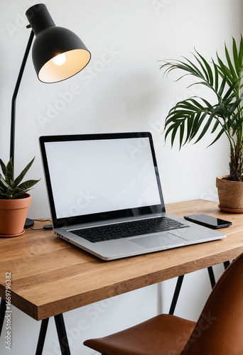 Photo Laptop with blank screen on transparent desk, flanked by potted plants and lamp