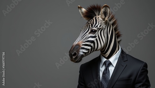 create a portrait of a zebra wearing a formal business suit, positioned to the left with ample copy space to the right