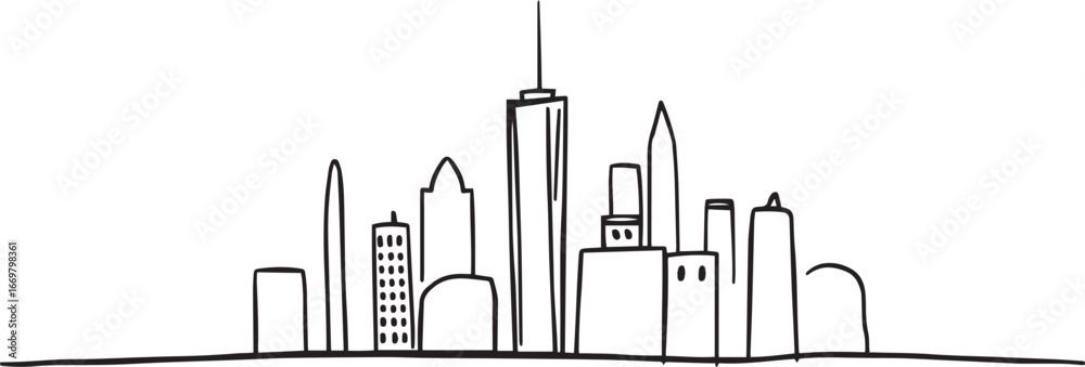 Obraz premium City landscape. Line urban backdrop. Different buildings on street, doodle street draw, outline cityscape hand sketch, flat houses. Hand drawn vector illustration 