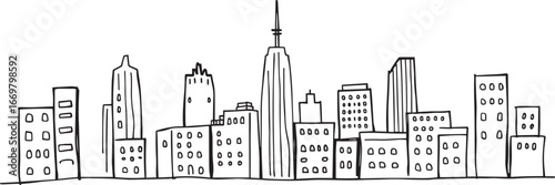City landscape. Line urban backdrop.  Different buildings on street, doodle street draw, outline cityscape hand sketch, flat houses. Hand drawn vector illustration	