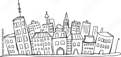City landscape. Line urban backdrop.  Different buildings on street, doodle street draw, outline cityscape hand sketch, flat houses. Hand drawn vector illustration	