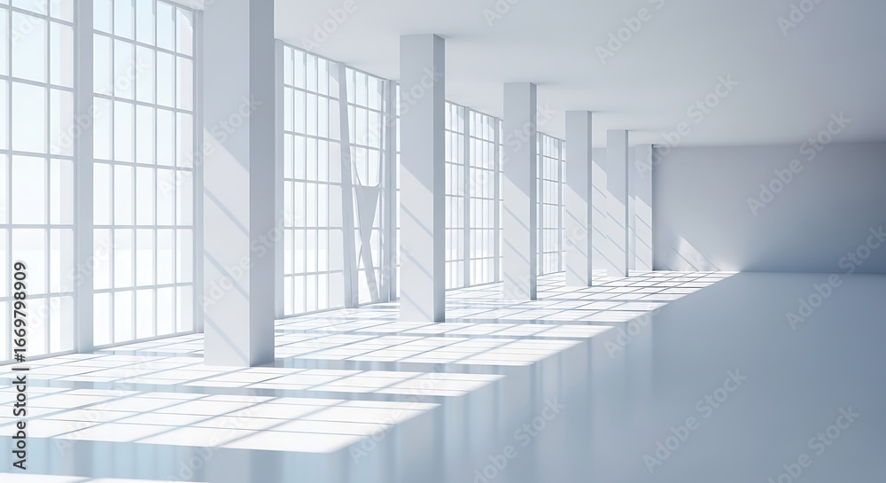 Obraz premium An expansive, sun-drenched interior space boasts large windows and polished floors, showcasing a modern architectural design.