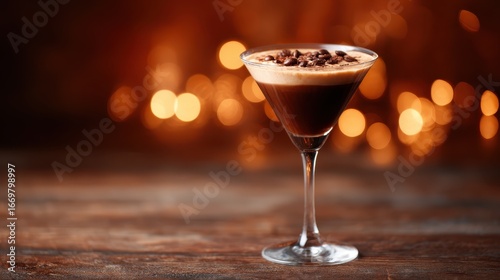 This image showcases an elegantly presented coffee cocktail garnished with coffee beans, radiating warmth and sophistication in a beautifully lit setting.