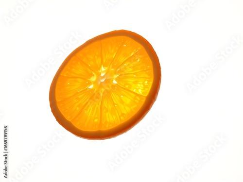 A single, vibrant orange slice is beautifully backlit, highlighting its translucent pulp and radiant color. This bright, healthy image is perfect for food, vitamin, and summer-themed projects.