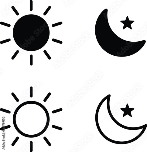Sun and moon icons, black and white, solid and outline, celestial symbols, day and night, vector, UI, design, minimal, flat, graphic, abstract, astrology, astronom