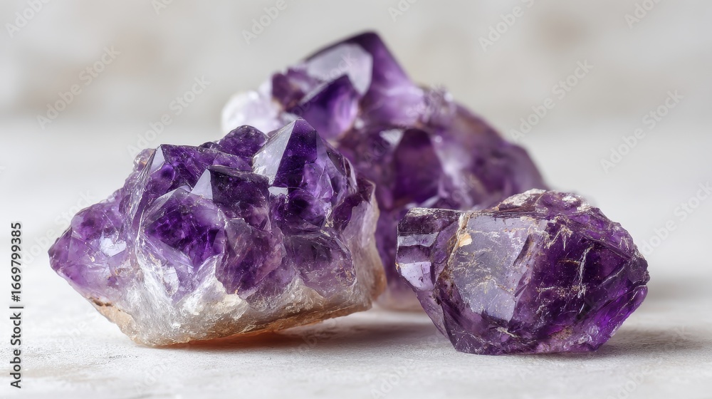 Fototapeta premium Crystal Stone macro mineral, purple rough amethyst quartz crystals on white background.