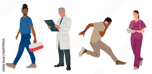 Set of standing, walking doctors, nurses, paramedics. Different male, female medic workers in uniform scrubs and white coats, with stethoscopes. Vector illustration
