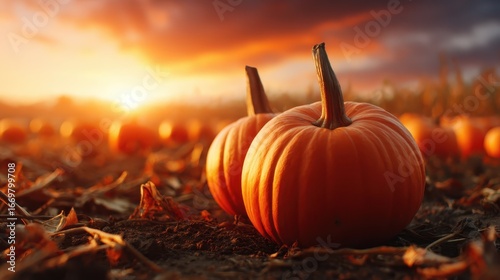A serene image of pumpkins nestled in a field with a stunning sunset backdrop, capturing the essence of harvest time and autumnal beauty in a picturesque landscape.