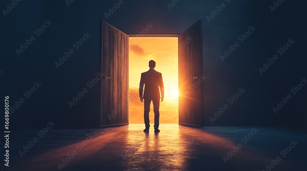 Obraz premium A person standing at an open doorway, contemplating life.
