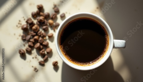 top down view of a cup of hot coffee in flat design style, with the subject at the bottom and copy space at the top, under intense spotlight, optimized for photo use.