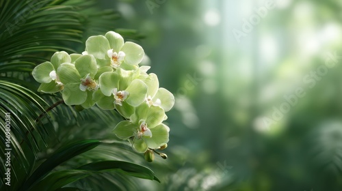 A cluster of stunning green orchids bloom amidst lush foliage, portraying nature's beauty and harmony, creating a peaceful ambiance in an enchanting tropical setting.