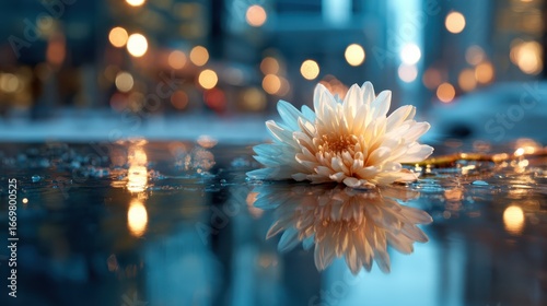A beautiful flower floats on a reflective urban water surface, surrounded by vibrant city lights, symbolizing beauty amidst the hustle and bustle of life.