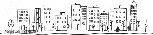 City landscape. Line urban backdrop.  Different buildings on street, doodle street draw, outline cityscape hand sketch, flat houses. Hand drawn vector illustration	